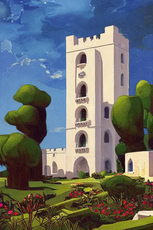 Image similar to view of the ancient tiled white tower in its gardens after a storm, tall windows, beautiful moorish ornament, dramatic cinematic lighting, rich colors, golden age illustration, by Sylvain Sarrailh and Nicholas Roerich and Ludwig Deutsch