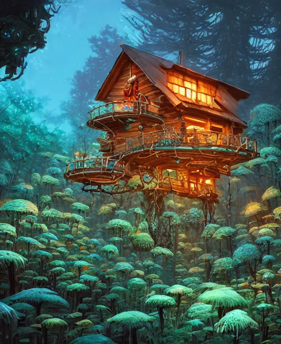 Image similar to a whimsical cabin made from robots, overgrown with huge exotic fungus, deep in the woods, by dan mumford, yusuke murata, makoto shinkai, ross tran, underwater, hellish, cinematic, unreal engine, cel shaded, featured on artstation, pixiv