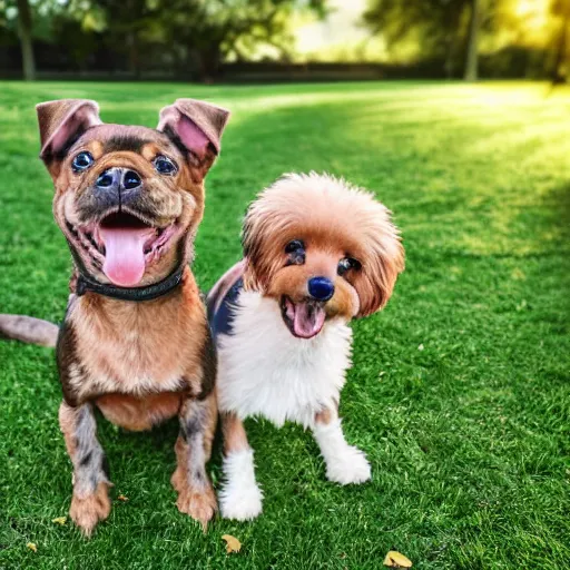 Prompt: cute photo of two silly happy little dogs one black and one brown, in the park, sunny morning, photorealistic, cute, highly detailed