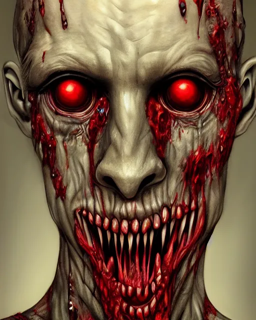 Image similar to Haunting horrifying hyperrealistic detailed painting of a tall slim flesh demon covered in thick black blood, heavy metal, disgusting, creepy, unsettling, and bloodshot eyeballs, hyper detailed, trending on Artstation