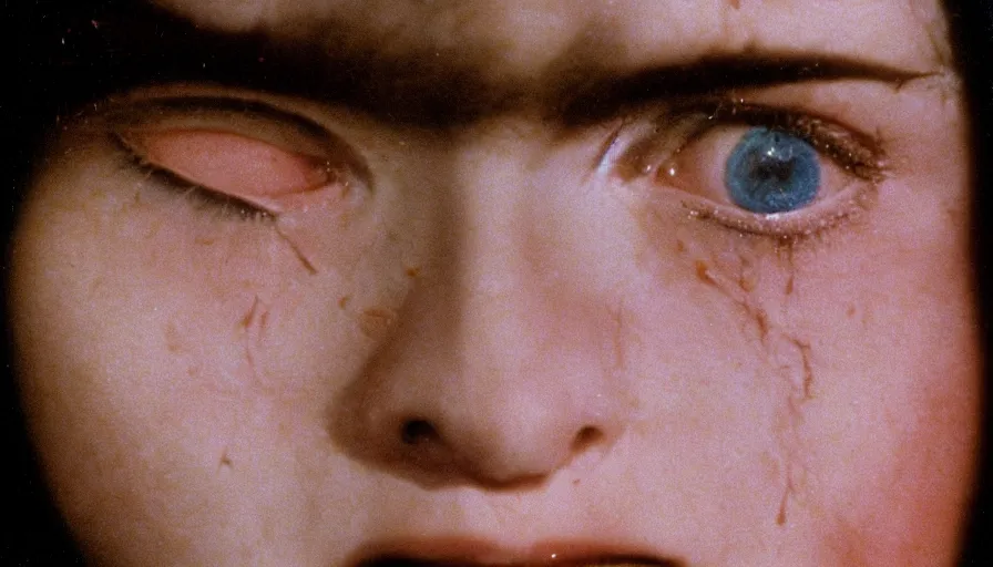 Image similar to 7 0 s film still from a horror movie of a young adult with toenails for eyelids, kodachrome, cinecolor, cinestill, photorealism, cinematic, film grain, film texture, vhs recording