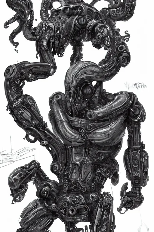 Image similar to very symmetrical!! cyborg space octopus with gunmetal grey skin, muscular system diagram, cyberpunk face, highly detailed, japanese, mecha asthetic, mechanical implants, three - view reference sheet ( front / back / side ), in the style of dan ouellette, dren from splice, hr giger, sil from species, artstation, unreal engine