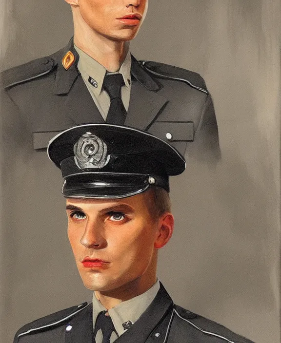 Prompt: portrait of a handsome young german policeman in berlin, art by denys tsiperko and manuel sanjulian and bogdan rezunenko, hyperrealism