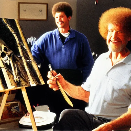 Prompt: bob ross painting a skeleton