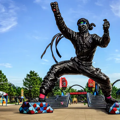 Prompt: huge beautiful statue of number six in the middle of the ninja park obstacles, ultradetails, intricate by by James Jean and mc esher