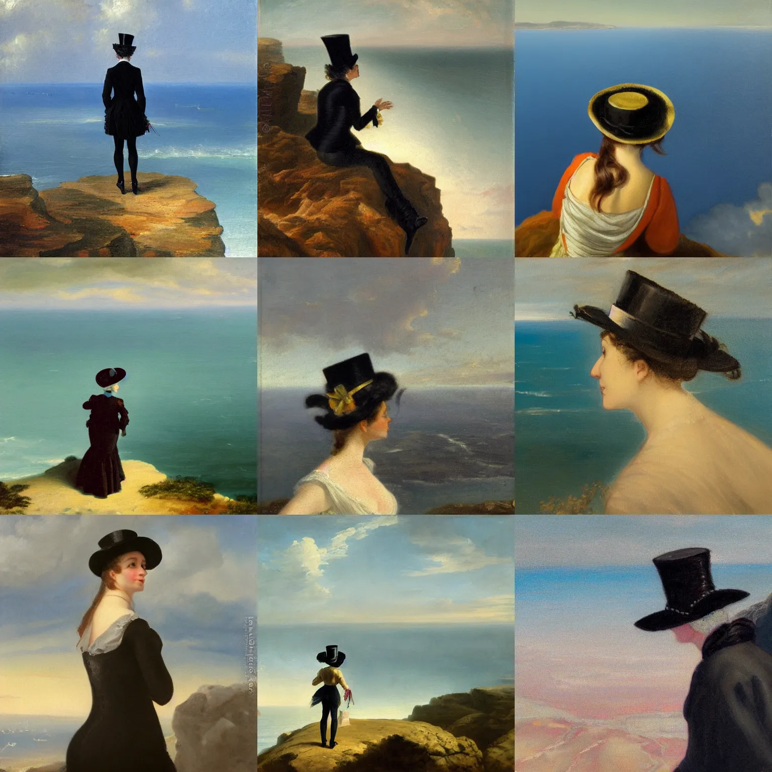 Prompt: a woman costumed in top hat and silk tailcoat looking at the horizon from the top of a cliff, atmospheric depth, oil painting
