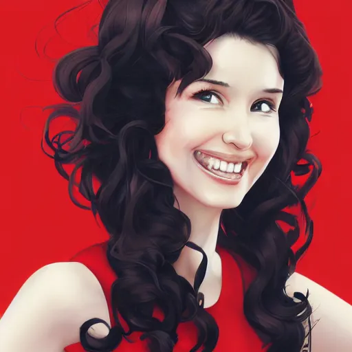 Prompt: A medium shot anime portrait of smiling Natalia Oreiro with curly brown hair wearing a red dress, by Stanley Artgerm Lau, WLOP, by Rossdraws, by James Jean, by Andrei Riabovitchev, by Marc Simonetti, and by Sakimi chan, trending on artstation