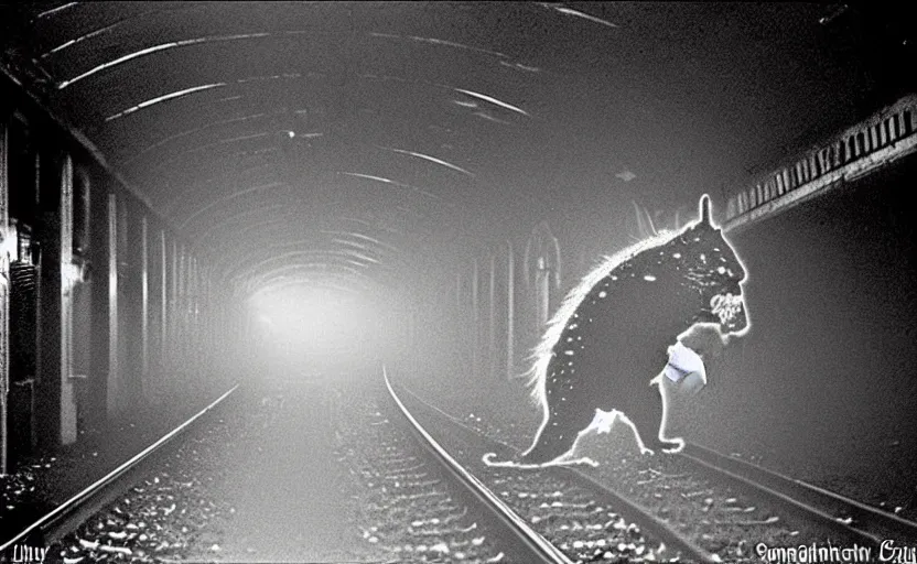 Image similar to very large giant mutant zombie irradiated ( angry rat ) staying on railways in tonnel of moscow subway. tonnel, railways, giant angry rat, furr, fangs, claws, very realistic. fog, extreme long shot, herman nitsch, giger.