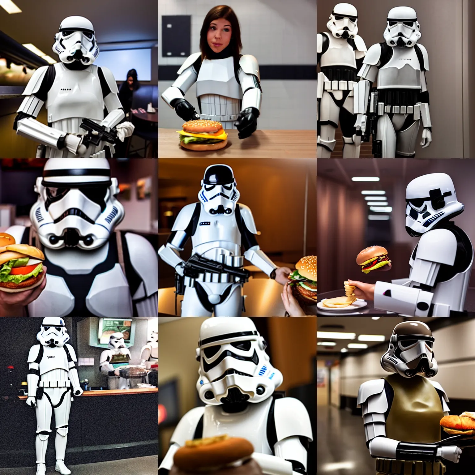 Prompt: a female stormtrooper ordering a cheeseburger, photography, dim lighting