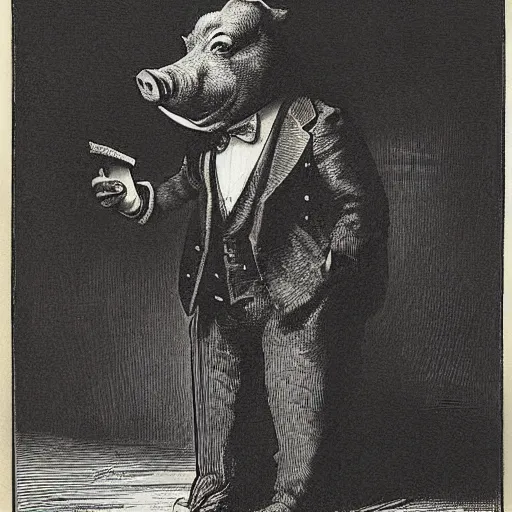 Image similar to a gentleman pig in a tuxedo, creepy, chiaroscuro, illustration by Gustave Doré,