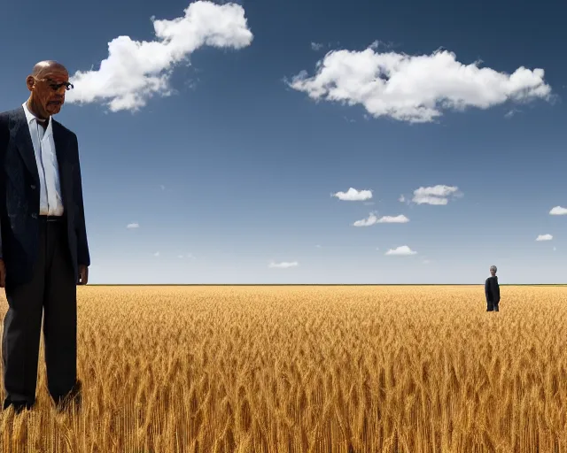 Image similar to extreme long shot of walter white and gustavo fring stand facing each other from a distance in a wheat field, low angle, side view, 3 5 mm photograph, 8 k resolution, wide shot, sharp lens