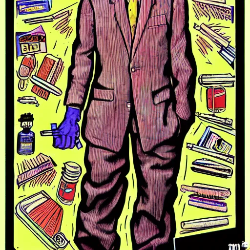 Image similar to The Artwork of R. Crumb and his Cheap Suit Breaking-Bad-Walter-White meth-lab, wearing a bio-hazard suit pencil and colored marker artwork, trailer-trash lifestyle