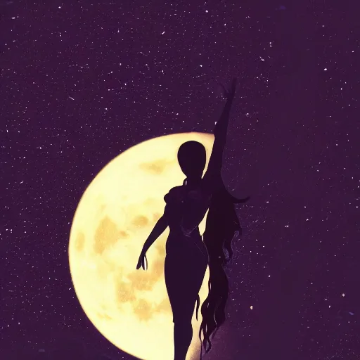 Prompt: silhouette of Maiden with arms raised up praising the night sky, full moon, viewed as a silhouette, Hyperdetailed, fantasycore, Artstation