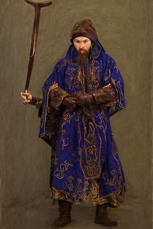 Image similar to slavic man in medieval clothes, fights with a sword, orthodox, oil painting, concept art, hyperrealism, beautiful, high resolution, trending on artstation, by annie swynnerton and nicholas roerich, embroidered robes, elaborate costume, geometric ornament, symbolist, soft colors, dramatic lighting, smooth, sharp focus, extremely detailed, two hands,