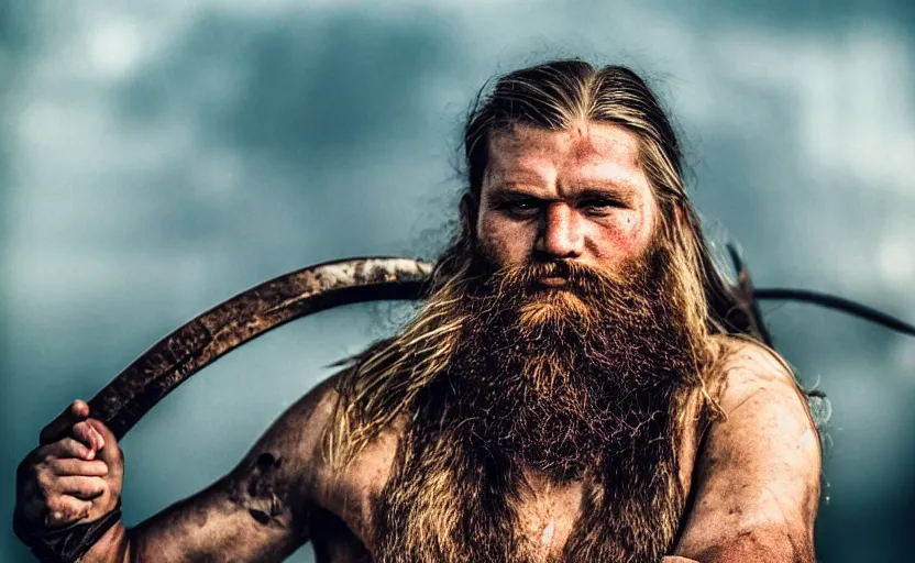 Image similar to old vintage full body photo of ancient viking warrior with full beard during motorsports event, extreme sports photography ,super high speed photography, dynamic photography,symmetrical face, clean face, muscular body, high speed,dirt and grawel in air, lens flares, dust partiles in the air, dramatic lighting, intricate, highly detailed, centered, smooth, sharp focus, sports photography, old photo, black and white, sepia, cinematic lighting, cinematic angle, national geographic