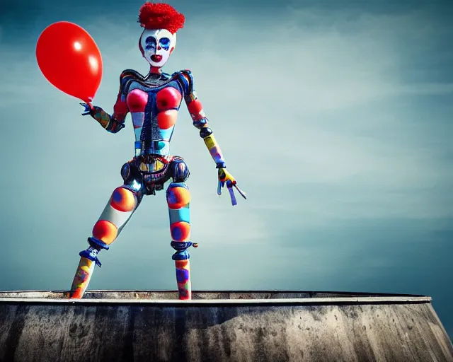 Image similar to beautiful clown girl robot alien standing on a water tank