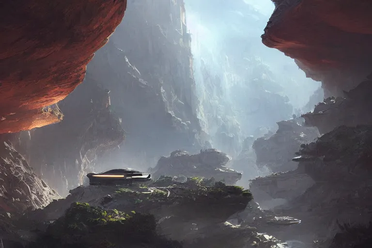 Image similar to a busy science - fiction base hidden in a canyon, river, morning, james paick, artstation