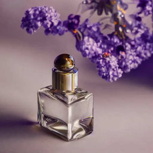 Image similar to perfume bottle surrounded by artistic, blurred blue and lilac flowers, white background, simple path traced, environment, up close shot shinji aramaki, karol bak, alphonse mucha
