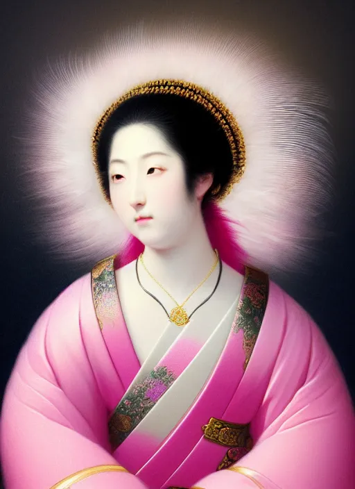 Prompt: stunning japanese godess princess, detailed pink and white million of feathers head peace against a black backdrop by ivan aivazovsky, 3 / 4 view portrait, wlop, super sharp details, photorealism, canon 5 d, 5 0 mm lens, stunning photoshot, beautiful soft lighting, muted colours, artstation