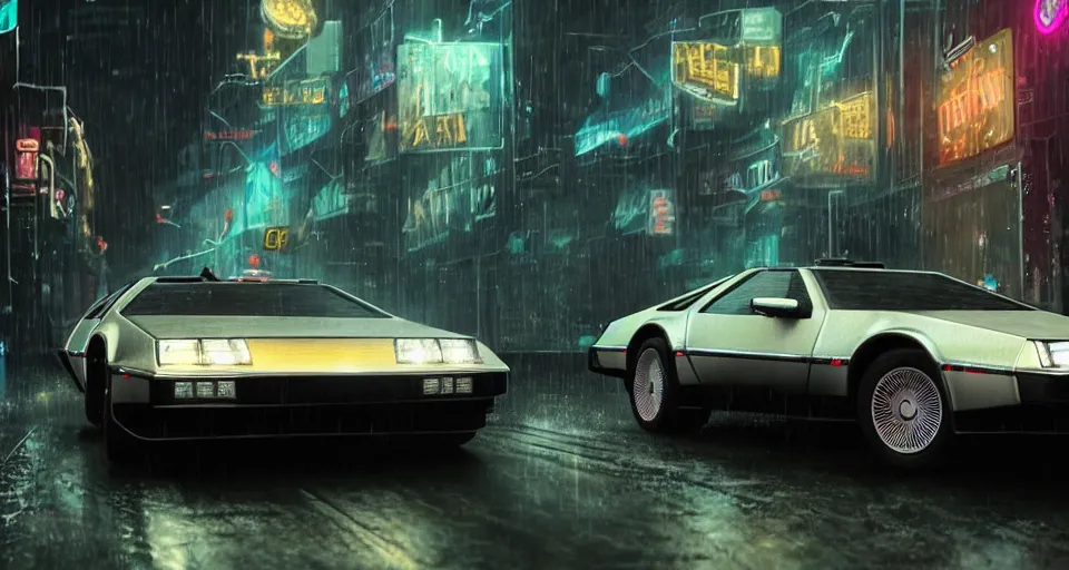 Image similar to a 2 8 mm closeup photo of a delorean tron tesla car on wet city street at night, intricate, hyper detailed, smooth, high contrast, neon, volumetric lighting, octane, moebius, greg rutkowski, blade runner, ripley scott, cindmatic