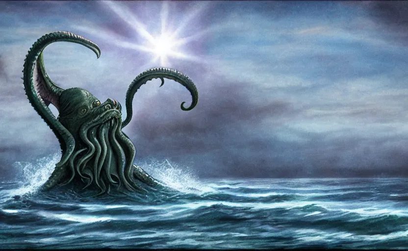 Prompt: cthulhu in the ocean looking up. matte painting. full color.