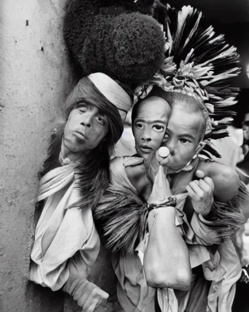 Image similar to Award winning reportage photo of Monegasque Natives with incredible hair wearing traditional garb by Garry Winogrand and Dian Arbus, 85mm ND 5, perfect lighting, gelatin silver process