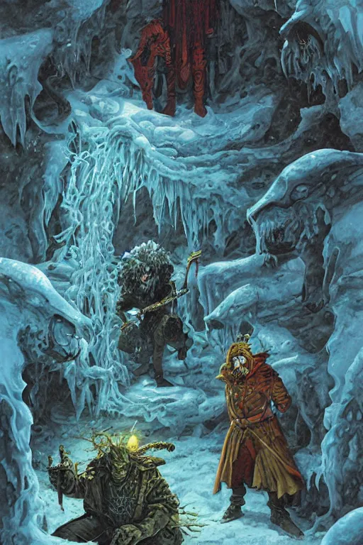 Prompt: lllustration by Michael Whelan of The Gelatinous cube Maven Fenbert the Terror, master of Ice, and their cruel gathering of slithering trackers and sickening black puddings.