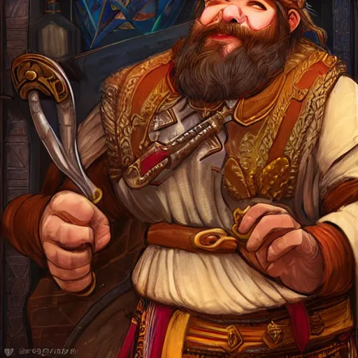 Image similar to dwarven male bard in a tavern, d & d style, trending on artstation, colorful, intricate, art by kev chan