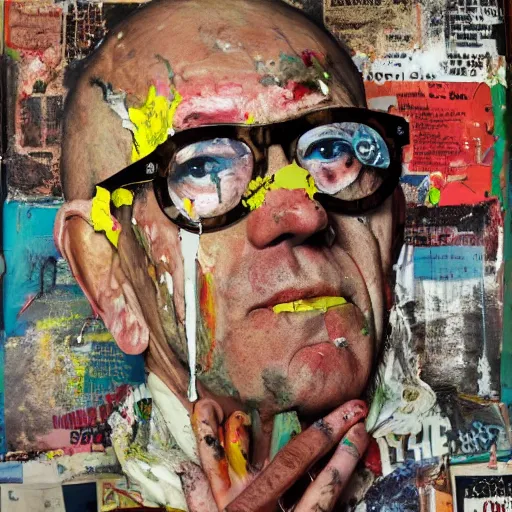 Image similar to hyperrealistic, photorealistic, mixed media oil painting of hunter s thompson, magazine scraps, plaster, blood, oil, mustard, splatter, greg rutkowski, basquiat, ralph steadman, wesley kimler, terry gilliam, andy warhol, dali