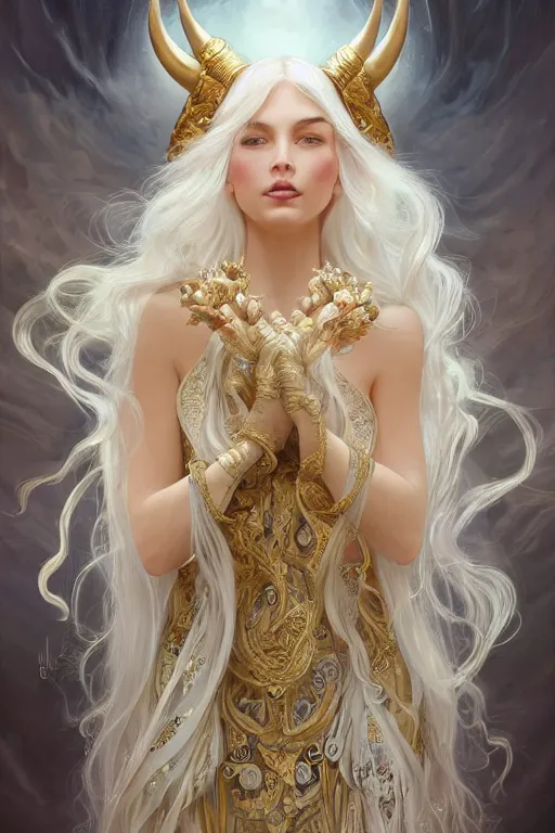 Image similar to fullbody!! of a beautiful woman with long white hair, big natural horns on her head, long flowing intricate dress, gold jewellery, dnd, face, fantasy, intricate, elegant, highly detailed, digital painting, artstation, concept art, smooth, sharp focus, illustration, art by artgerm and greg rutkowski and alphonse mucha