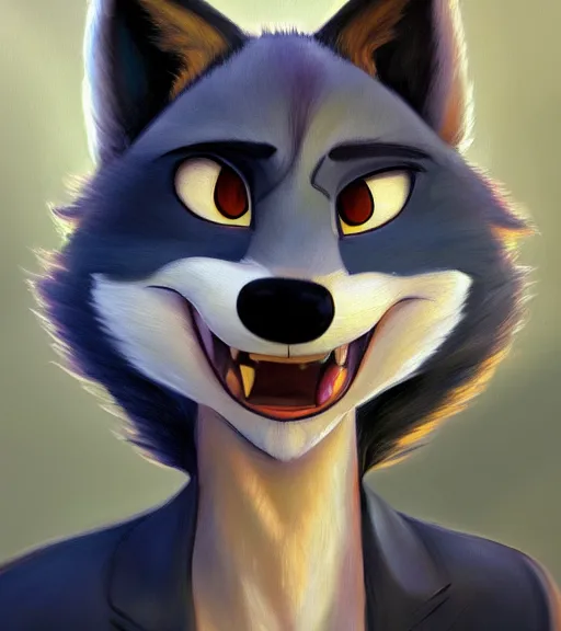 Image similar to full figure oil painting of anthromorphic furry female wolf, in style of zootopia, female fursona, furry, furaffinity, 4 k, deviantart, furry art, fursona art, wearing black business suit, business suit, wolf fursona, expressive feminine face, female,