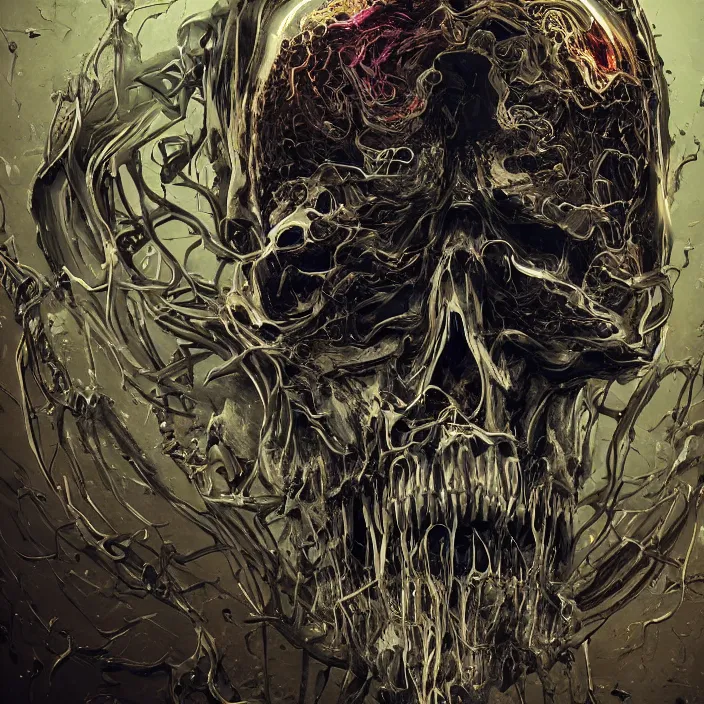Prompt: portrait of a melting skull. razor sharp teeth. nightmare fuel. intricate abstract. intricate artwork. by Tooth Wu, wlop, beeple, dan mumford. octane render, trending on artstation, greg rutkowski very coherent symmetrical artwork. cinematic, hyper realism, high detail, octane render, 8k, iridescent accents