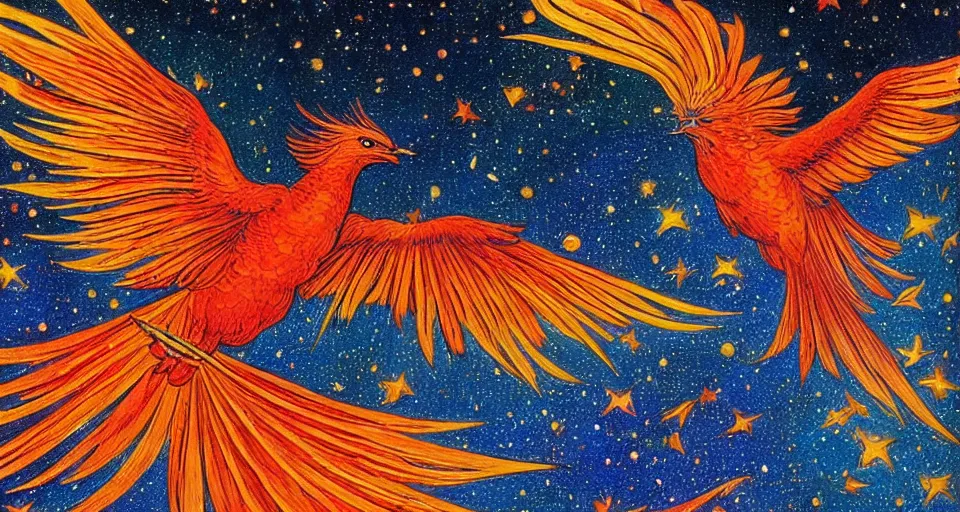 Prompt: An intricate painting of a vibrant firebird in flight among falling stars by johfra bosschart and eugène grasset and edmund deluc and ralph horsley, art nouveau, tarot card, trending on artstation, fiery illumination