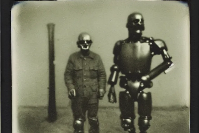 Image similar to dark old polaroid of an german scientist who created a terminator exoskeleton, world war 2