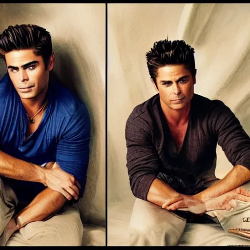 Image similar to zac efron, john stamos and rob lowe, vogue magazine cover, photoshoot, sharp details, face photo, face details sharp, by donato giancola and greg rutkowski and wayne barlow and zdzisław beksinski, eyeballs, product photography, action figure, sofubi, studio lighting, colored gels, colored background,