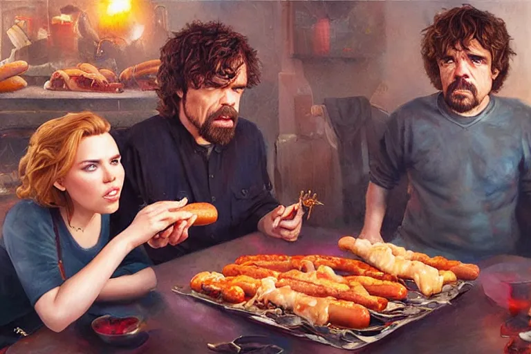 Image similar to portrait of peter dinklage sharing hotdogs with scarlett johansson, an oil painting by ross tran and thomas kincade