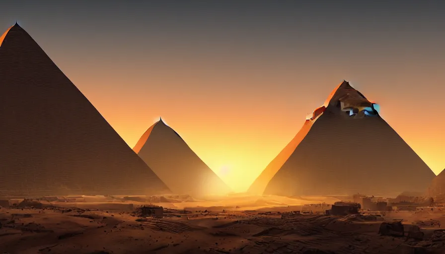 Image similar to Sunrise behind the Giza pyramid complex, hyperdetailed, artstation, cgsociety, 8k