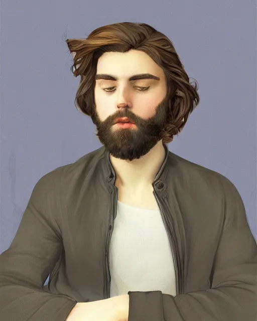 Prompt: Pre-Raphaelite portrait of a young beautiful brown-haired bearded male sitting in office wearing oculus quest