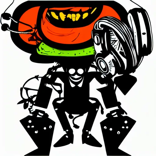 Image similar to svg vector sticker of absolutely insane-mad-robotic-hero-villain, rocking out, wearing headphones, huge speakers, dancing, rave, DJ, spinning records, digital art, amazing composition, rule-of-thirds, award-winning, trending on artstation, featured on deviantart