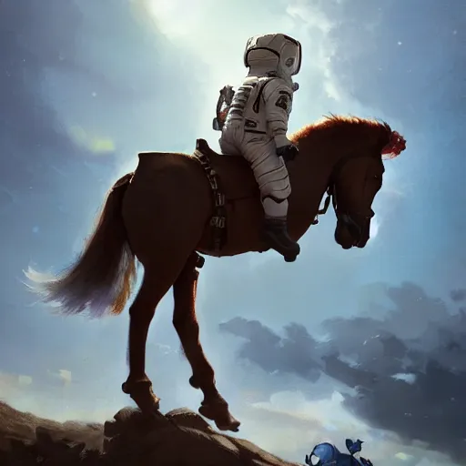 Prompt: an astronaut boy riding on a horse, style game square enix life, trending on artstation, painted by greg rutkowski, render naughty dog, octane render, detailed