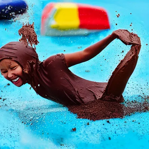 Image similar to person sliding through chocolate pudding head first, slip n slide, professional photo, funny