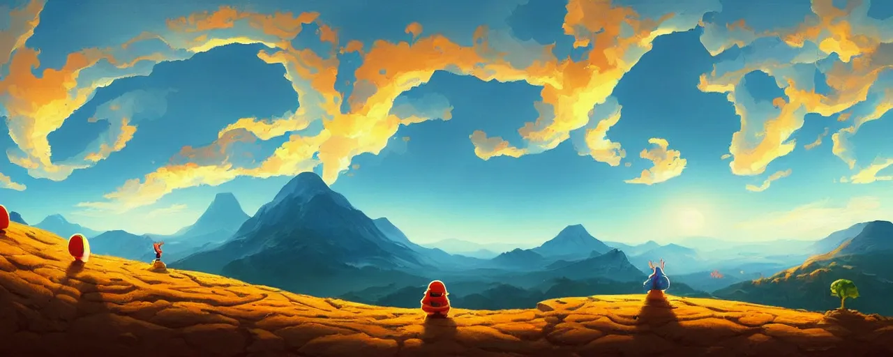 Image similar to detailed round pacman, with ghosts, in a beautiful nature landscape with clouds, mountains, in background, sunset, by rhads, round pacman, detailed, coherent