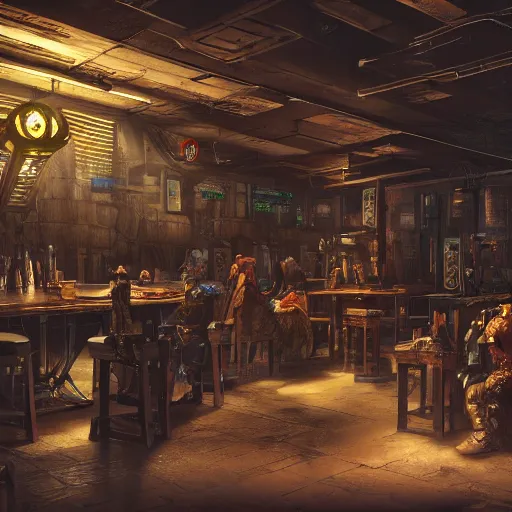 Image similar to ultra mega super hyper realistic Digital concept art of Cyberpunk tavern mixed with medieval style. Rendered in VRAY and DaVinci Resolve and MAXWELL and LUMION 3D, Volumetric natural light