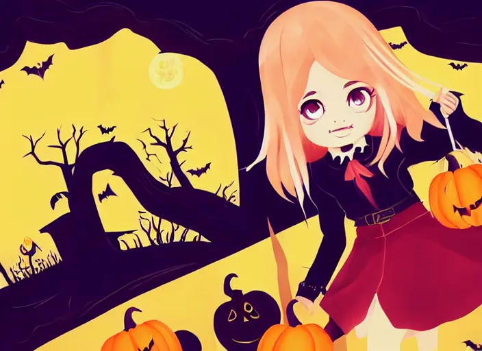 Image similar to little girl with long blonde hair on a halloween card. clean cel shaded vector art. shutterstock. behance hd by lois van baarle, artgerm, helen huang, by makoto shinkai and ilya kuvshinov, rossdraws, illustration, art by ilya kuvshinov