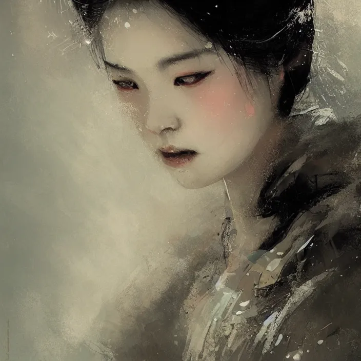 Image similar to female geisha girl, beautiful face, rule of thirds, intricate outfit, spotlight, by greg rutkowski, by jeremy mann, digital painting