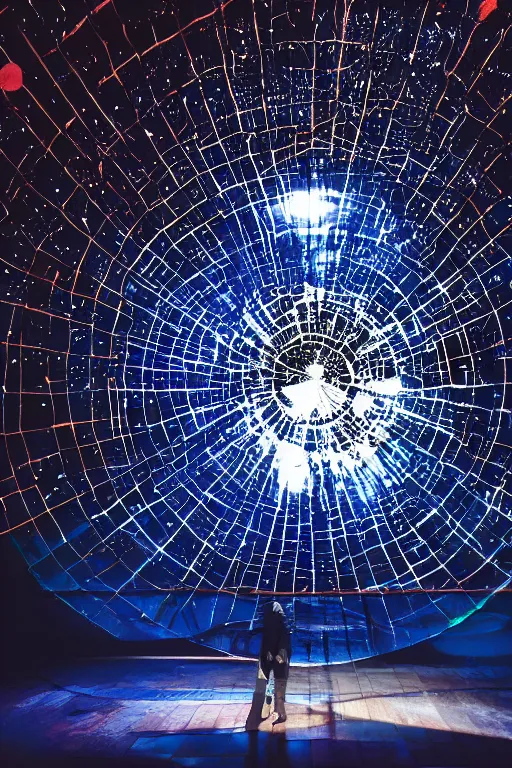 Prompt: public art installation about liquid planet in space. projected on single big suspended sphere inside giant and dark printworks london venue. generative visuals. interactive art. piano live music concert stage design