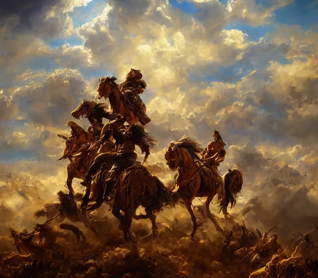 Prompt: !dream a dramatic epic ethereal war scene during archetypical Old West period, 19th century, dynamic poses, cinematic lighting, blue sky with beautiful clouds, warm and vibrant colors, highly detailed oil on canvas painting, winning-award digital art trending on Artstation