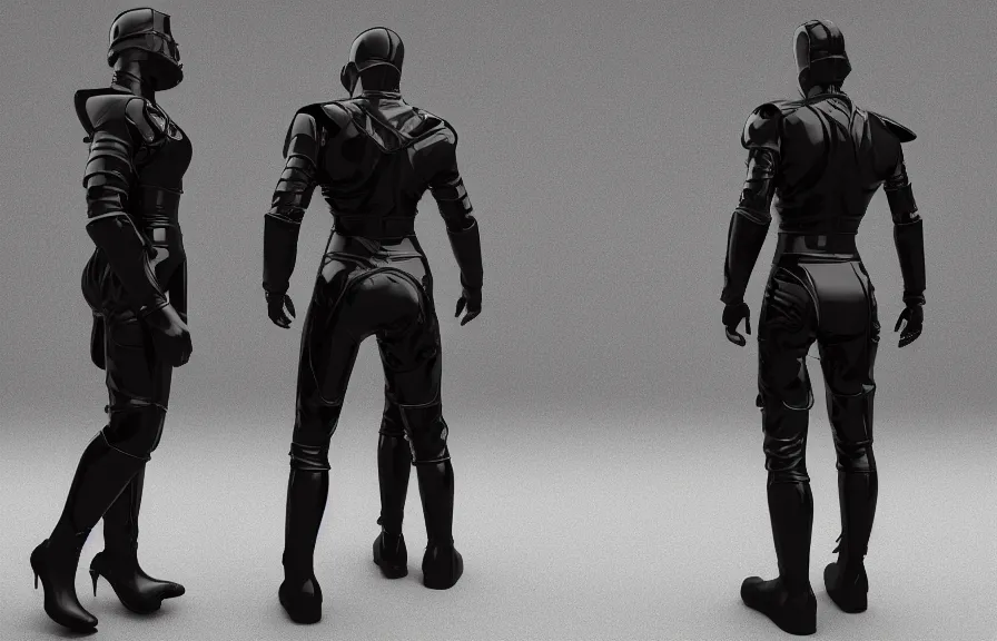 Image similar to futuristic warrior with black latex, with his back to the viewer, futuristic latex armor, back light, full body view, 8 k, 3 d render, cinematic lighting