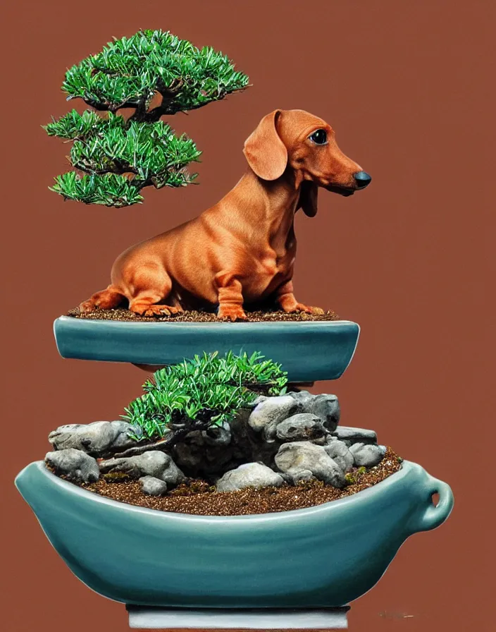 Image similar to dachshund bonsai in a bonsai pot, hyperrealism, high detail