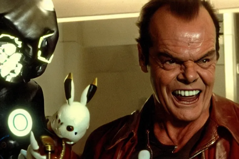 Image similar to Jack Nicholson in costume of Pikachu Terminator, scene where his endoskeleton gets exposed and his eye glows red, still from the film